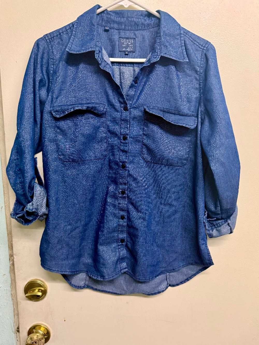 Guess Navy Blue 3/4 Sleeve Sparkle Utility Shirt